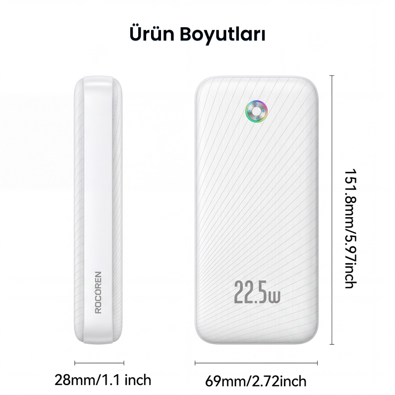 Rocoren 20000mAh 22.5W Powerbank PD Hızlı Şarj, 3 Çıkışlı USB-C + Çift USB-A Tablet ve Telefonlarla Uyumlu Taşınabilir Şarj Cihazı Beyaz - 9