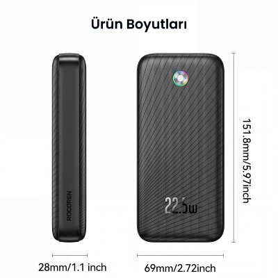Rocoren 20000mAh 22.5W Powerbank PD Hızlı Şarj, 3 Çıkışlı USB-C + Çift USB-A Tablet ve Telefonlarla Uyumlu Taşınabilir Şarj Cihazı Siyah - 9
