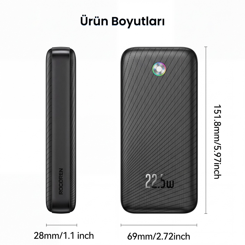 Rocoren 20000mAh 22.5W Powerbank PD Hızlı Şarj, 3 Çıkışlı USB-C + Çift USB-A Tablet ve Telefonlarla Uyumlu Taşınabilir Şarj Cihazı Siyah - 9