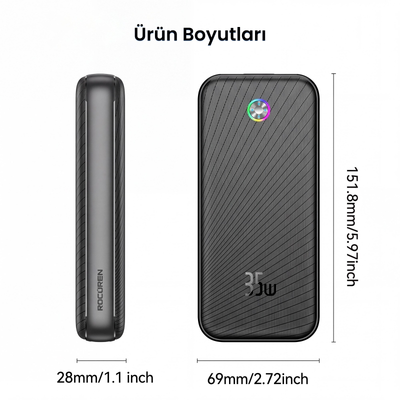 Rocoren 20000mAh 35W Powerbank PD Hızlı Şarj, 3 Çıkışlı USB-C + Çift USB-A Tablet ve Telefonlarla Uyumlu Taşınabilir Şarj Cihazı - 9