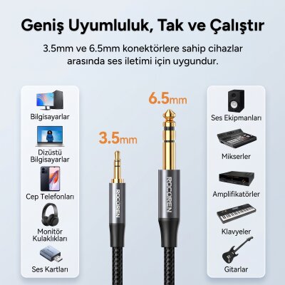 Rocoren 3.5mm to 6.35mm Jack Hi-Fi Amfi, Gitar, Mikser Ses Kablosu Örgülü Altın Kaplama Aux Enstrüman Kablosu 3 Metre - 3