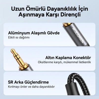 Rocoren 3.5mm to 6.35mm Jack Hi-Fi Amfi, Gitar, Mikser Ses Kablosu Örgülü Altın Kaplama Aux Enstrüman Kablosu 3 Metre - 5