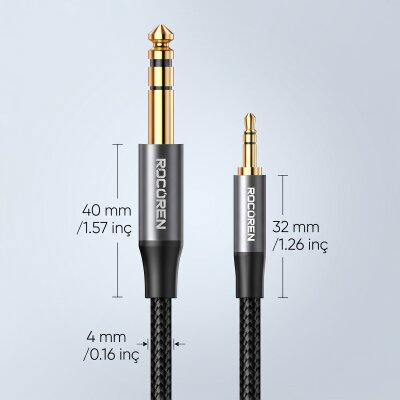 Rocoren 3.5mm to 6.35mm Jack Hi-Fi Amfi, Gitar, Mikser Ses Kablosu Örgülü Altın Kaplama Aux Enstrüman Kablosu 3 Metre - 8
