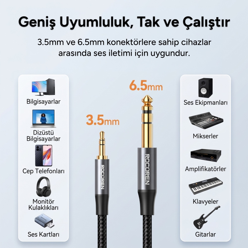 Rocoren 3.5mm to 6.35mm Jack Hi-Fi Amfi, Gitar, Mikser Ses Kablosu Örgülü Altın Kaplama Aux Enstrüman Kablosu 5 Metre - 3