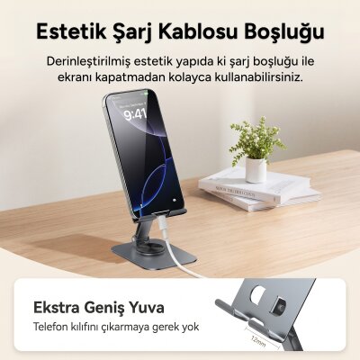 Rocoren 360° Dönen Katlanabilir Yükseklik ve Eğim Ayarlı Metal Masaüstü Telefon ve Tablet Standı - 6