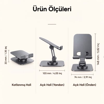 Rocoren 360° Dönen Katlanabilir Yükseklik ve Eğim Ayarlı Metal Masaüstü Telefon ve Tablet Standı - 8
