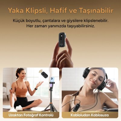 Rocoren 3'ü 1 Arada Bluetooth 5.4 Ses Alıcı ve Verici Adaptör Yaka Klipsli Micro SD Kart Girişli 3.5mm AUX Araç Kiti ve Kamera Kumandası - 10