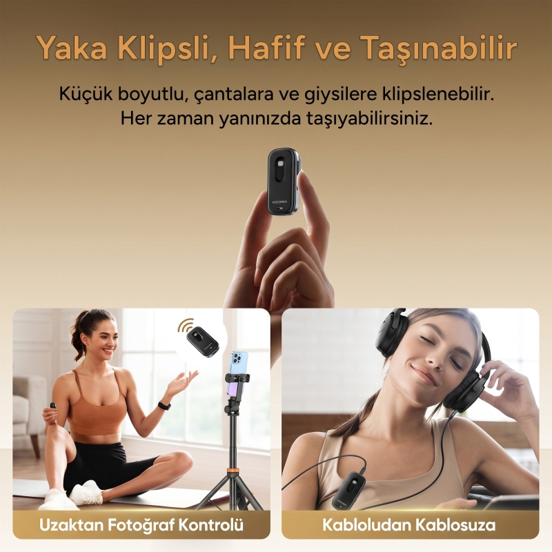 Rocoren 3'ü 1 Arada Bluetooth 5.4 Ses Alıcı ve Verici Adaptör Yaka Klipsli Micro SD Kart Girişli 3.5mm AUX Araç Kiti ve Kamera Kumandası - 10