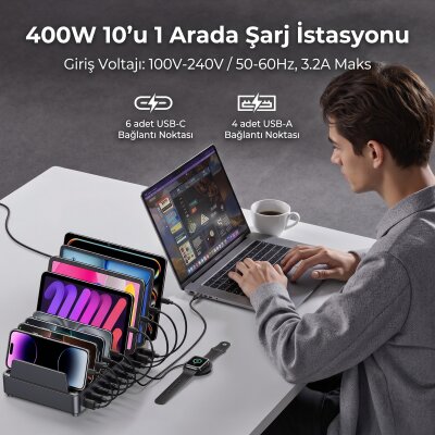 Rocoren 400W PD GaN 10 Portlu Masaüstü Şarj İstasyonu 6*Type-C 4*USB-A Tablet ve Telefon Hızlı Şarj Cihazı - 2