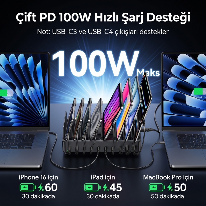 Rocoren 400W PD GaN 10 Portlu Masaüstü Şarj İstasyonu 6*Type-C 4*USB-A Tablet ve Telefon Hızlı Şarj Cihazı - 3