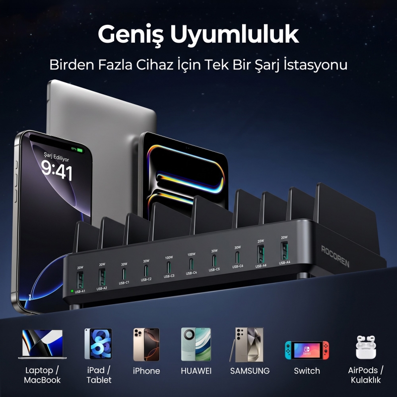 Rocoren 400W PD GaN 10 Portlu Masaüstü Şarj İstasyonu 6*Type-C 4*USB-A Tablet ve Telefon Hızlı Şarj Cihazı - 4