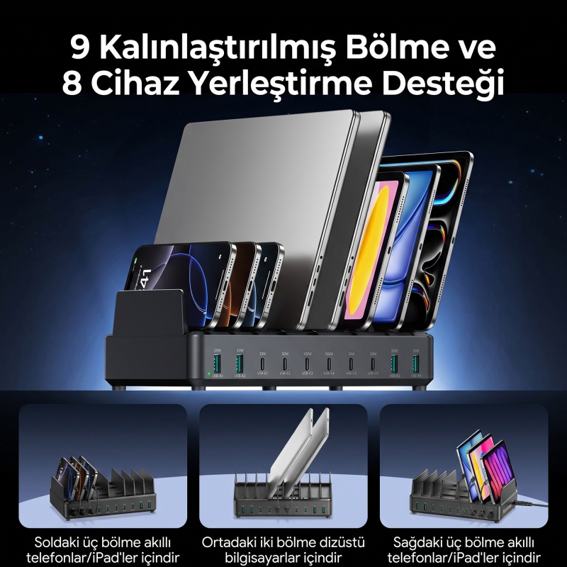 Rocoren 400W PD GaN 10 Portlu Masaüstü Şarj İstasyonu 6*Type-C 4*USB-A Tablet ve Telefon Hızlı Şarj Cihazı - 5