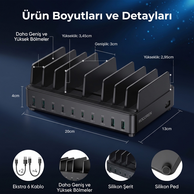 Rocoren 400W PD GaN 10 Portlu Masaüstü Şarj İstasyonu 6*Type-C 4*USB-A Tablet ve Telefon Hızlı Şarj Cihazı - 8