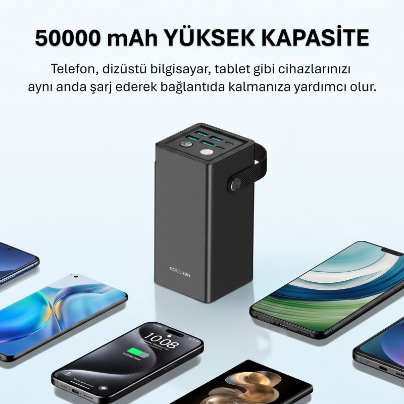 Rocoren 50000mAh 22.5W Powerbank PD Hızlı Şarj, 6 Çıkışlı 2 USB-C + 4 USB-A Taşıma Askılı Tablet Ve Telefon Şarj Cihazı - 2