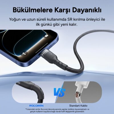 Rocoren 60W Type-C to Type-C PD Hızlı Şarj ve Veri Aktarım Kablosu Örgülü Data Kablosu 1 Metre Siyah - 5