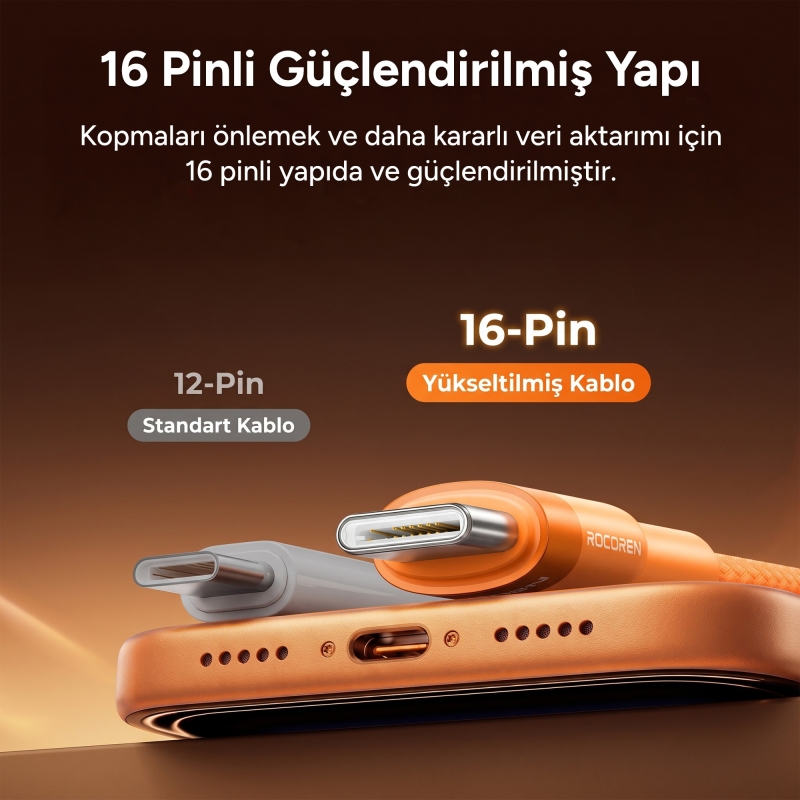 Rocoren 60W Type-C to Type-C PD Hızlı Şarj ve Veri Aktarım Kablosu Örgülü Data Kablosu 1 Metre Turuncu - 2