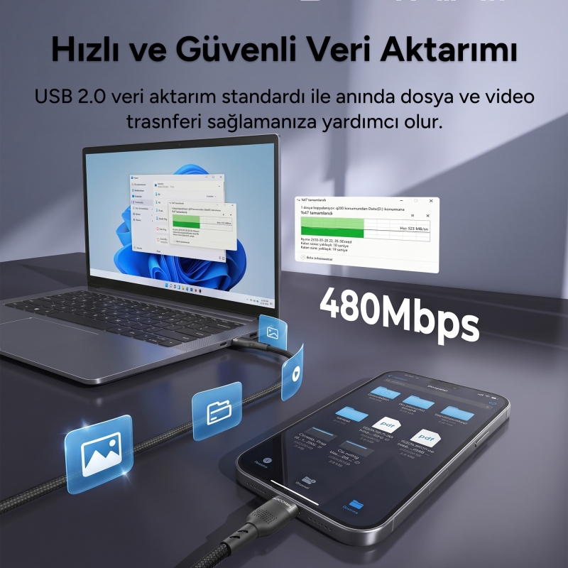 Rocoren 60W Type-C to Type-C PD Hızlı Şarj ve Veri Aktarım Kablosu Örgülü Data Kablosu 2 Metre Siyah - 7