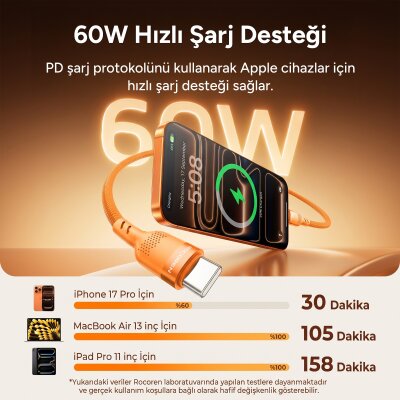Rocoren 60W Type-C to Type-C PD Hızlı Şarj ve Veri Aktarım Kablosu Örgülü Data Kablosu 2 Metre Turuncu - 4