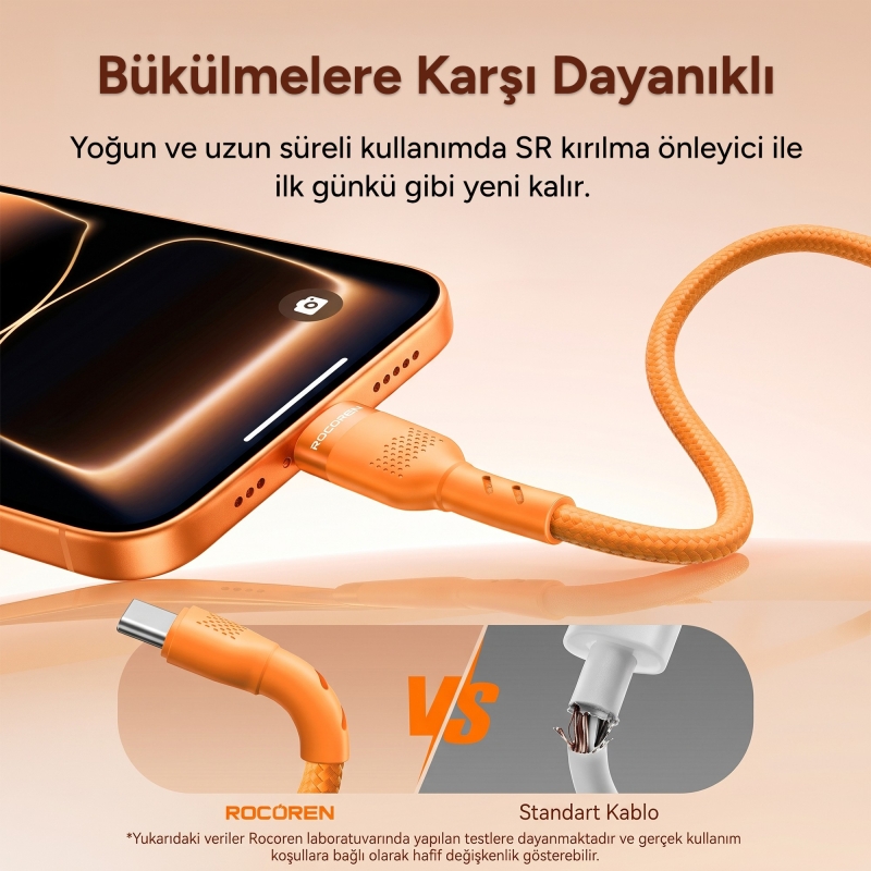 Rocoren 60W Type-C to Type-C PD Hızlı Şarj ve Veri Aktarım Kablosu Örgülü Data Kablosu 2 Metre Turuncu - 5