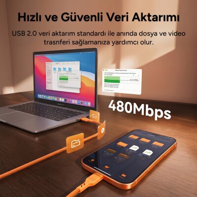 Rocoren 60W Type-C to Type-C PD Hızlı Şarj ve Veri Aktarım Kablosu Örgülü Data Kablosu 2 Metre Turuncu - 7
