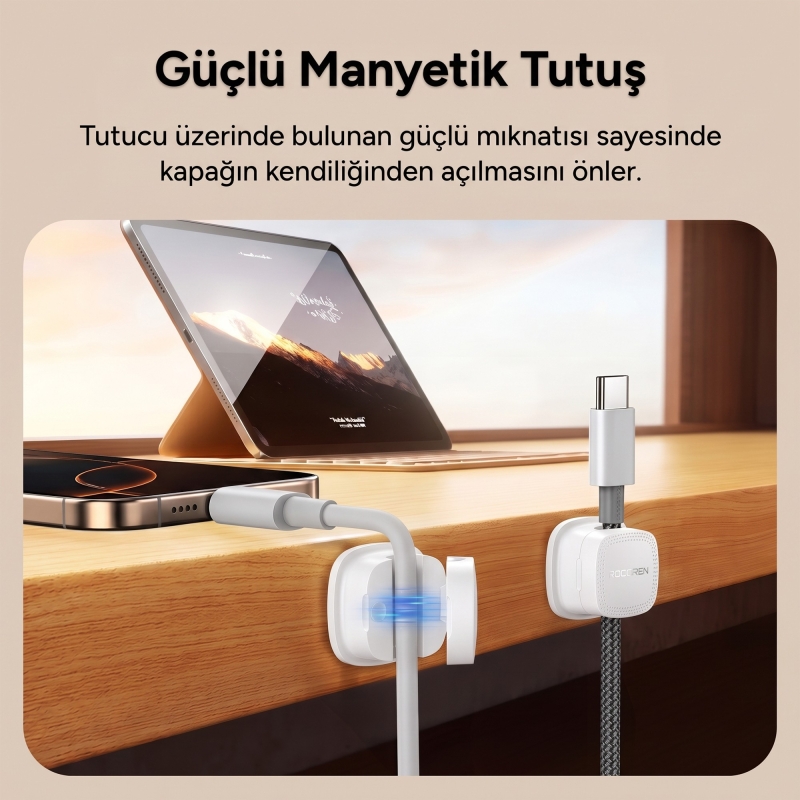 Rocoren 6'lı Manyetik Kablo Düzenleyici ve Tutucu Klips Seti Kendinden Yapışkanlı Masaüstü ve Araç İçi Kablo Sabitleyici Beyaz - 2