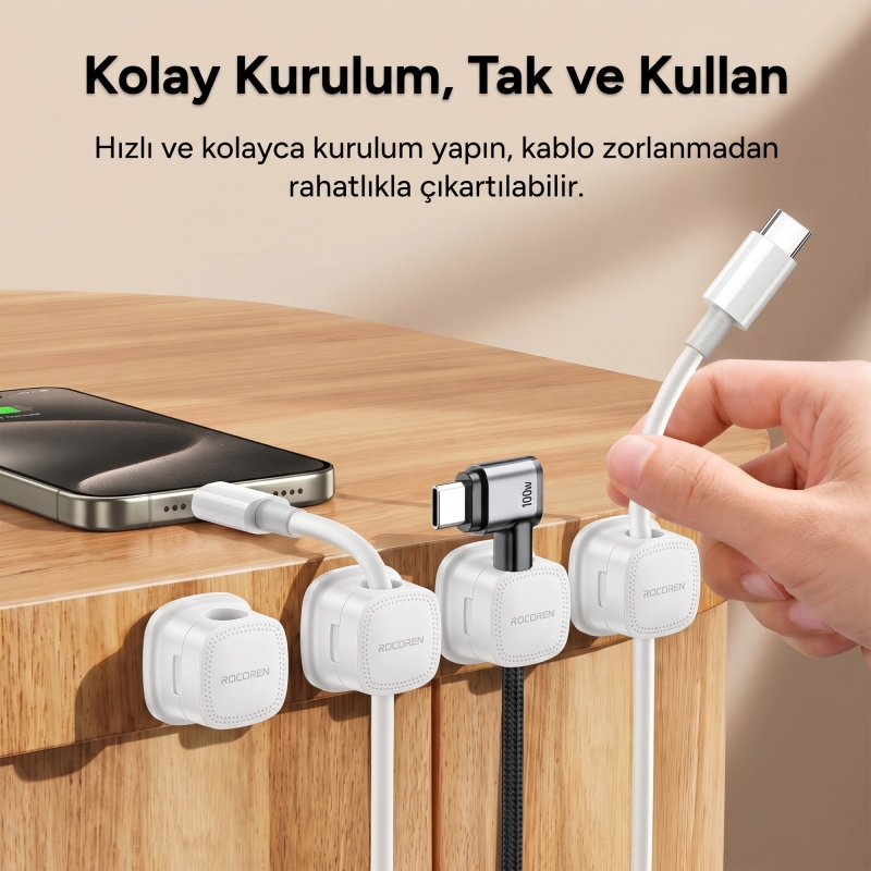 Rocoren 6'lı Manyetik Kablo Düzenleyici ve Tutucu Klips Seti Kendinden Yapışkanlı Masaüstü ve Araç İçi Kablo Sabitleyici Beyaz - 3
