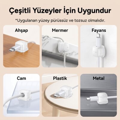 Rocoren 6'lı Manyetik Kablo Düzenleyici ve Tutucu Klips Seti Kendinden Yapışkanlı Masaüstü ve Araç İçi Kablo Sabitleyici Beyaz - 7