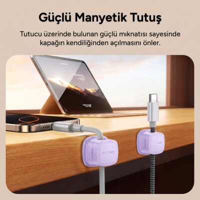 Rocoren 6'lı Manyetik Kablo Düzenleyici ve Tutucu Klips Seti Kendinden Yapışkanlı Masaüstü ve Araç İçi Kablo Sabitleyici Mor - 2
