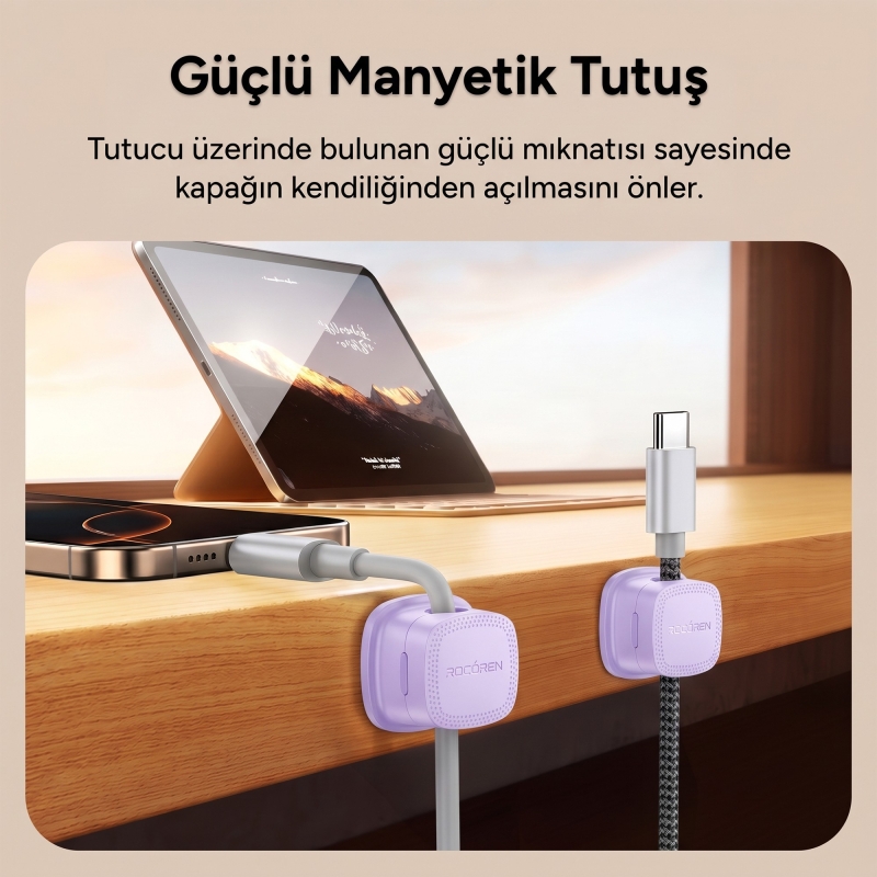 Rocoren 6'lı Manyetik Kablo Düzenleyici ve Tutucu Klips Seti Kendinden Yapışkanlı Masaüstü ve Araç İçi Kablo Sabitleyici Mor - 2