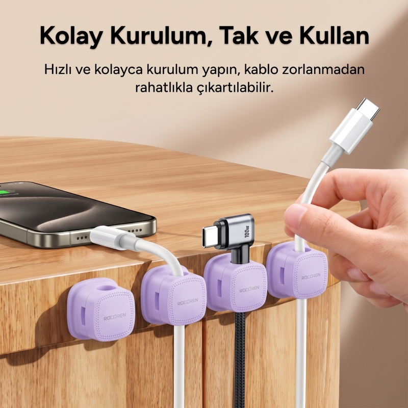 Rocoren 6'lı Manyetik Kablo Düzenleyici ve Tutucu Klips Seti Kendinden Yapışkanlı Masaüstü ve Araç İçi Kablo Sabitleyici Mor - 3