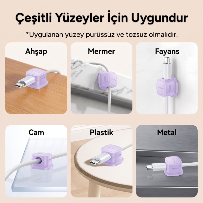 Rocoren 6'lı Manyetik Kablo Düzenleyici ve Tutucu Klips Seti Kendinden Yapışkanlı Masaüstü ve Araç İçi Kablo Sabitleyici Mor - 7