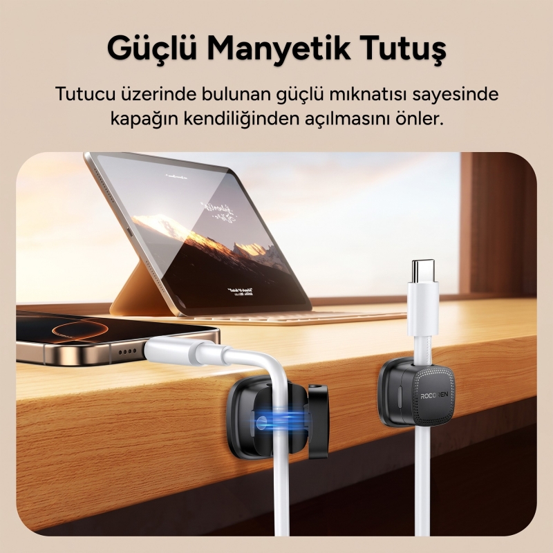 Rocoren 6'lı Manyetik Kablo Düzenleyici ve Tutucu Klips Seti Kendinden Yapışkanlı Masaüstü ve Araç İçi Kablo Sabitleyici Siyah - 2