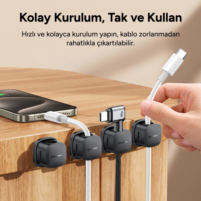 Rocoren 6'lı Manyetik Kablo Düzenleyici ve Tutucu Klips Seti Kendinden Yapışkanlı Masaüstü ve Araç İçi Kablo Sabitleyici Siyah - 3