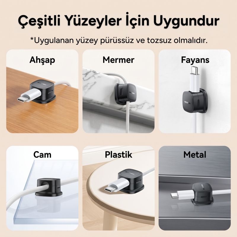 Rocoren 6'lı Manyetik Kablo Düzenleyici ve Tutucu Klips Seti Kendinden Yapışkanlı Masaüstü ve Araç İçi Kablo Sabitleyici Siyah - 7