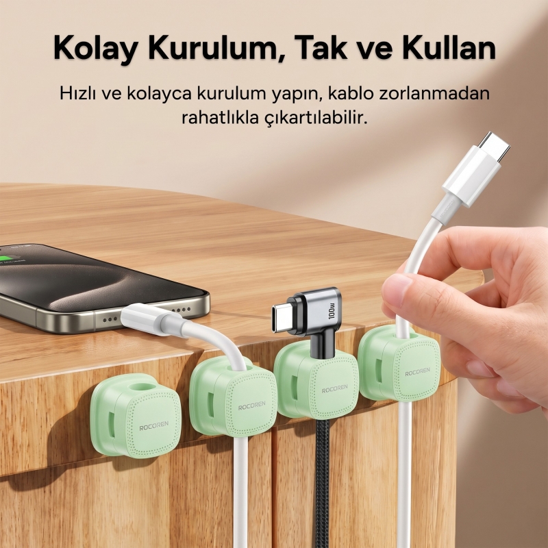 Rocoren 6'lı Manyetik Kablo Düzenleyici ve Tutucu Klips Seti Kendinden Yapışkanlı Masaüstü ve Araç İçi Kablo Sabitleyici Yeşil - 3