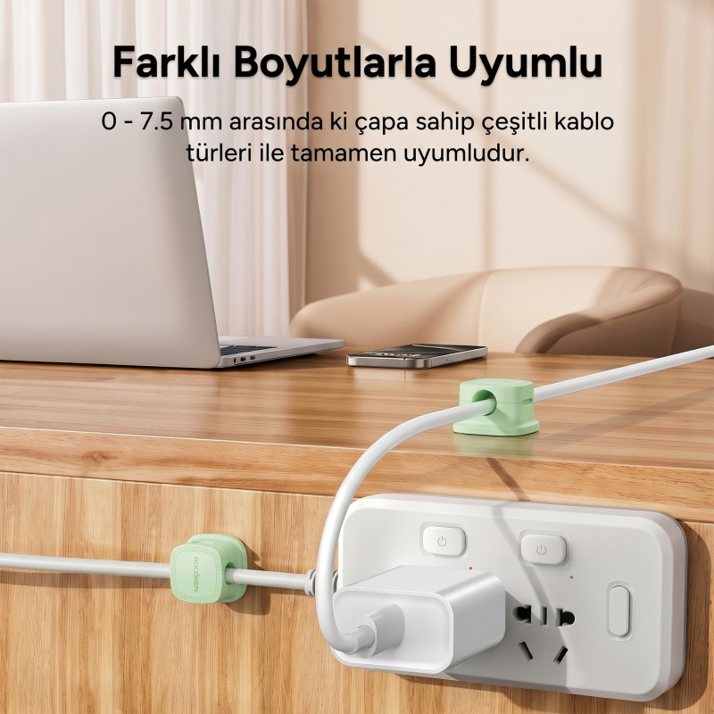 Rocoren 6'lı Manyetik Kablo Düzenleyici ve Tutucu Klips Seti Kendinden Yapışkanlı Masaüstü ve Araç İçi Kablo Sabitleyici Yeşil - 5