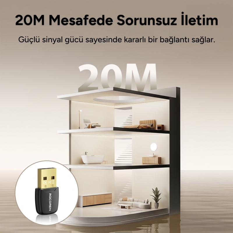 Rocoren Bluetooth 6.0 USB Tak Çalıştır Mini Dongle Adaptör Masaüstü PC ve Laptop İçin Kablosuz Alıcı - 5