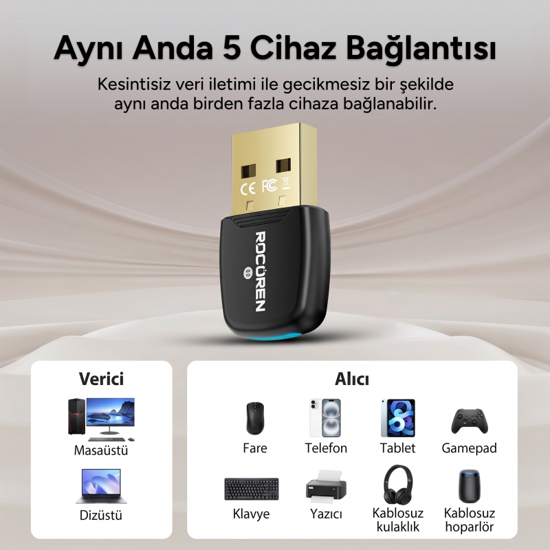 Rocoren Bluetooth 6.0 USB Tak Çalıştır Mini Dongle Adaptör Masaüstü PC ve Laptop İçin Kablosuz Alıcı - 6