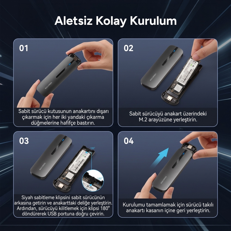 Rocoren M.2 NVMe Disk Kutusu Type-C USB 3.2 Gen2 10Gbps Alüminyum 4TB Destekli Harici SSD Disk Kutusu - 9
