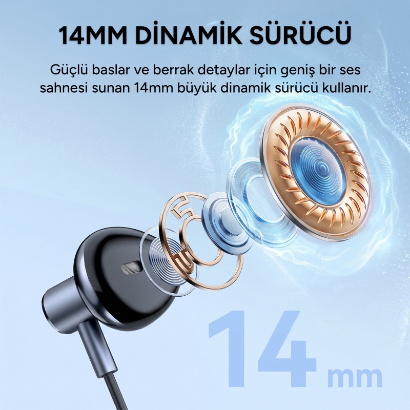 Rocoren Type-C Kablolu DAC Çipli Mikrofonlu 14mm Sürücülü iPhone ve Android Uyumlu Yarı Kulak İçi Kulaklık - 4