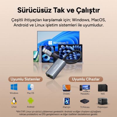 Rocoren USB-A 1000Mbps Gigabit Ethernet RJ45 LAN Ağ Dönüştürücü Sürücüsüz Tak-Çalıştır Adaptör - 3