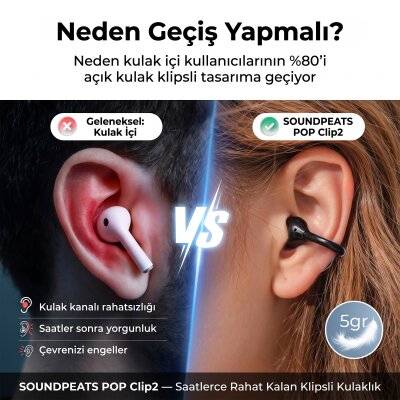 Soundpeats POP Clip2 Open-Ear Earbuds Hi-Res LDAC ENC TWS Bluetooth 6.0 Kablosuz Kulaklık Siyah - 2
