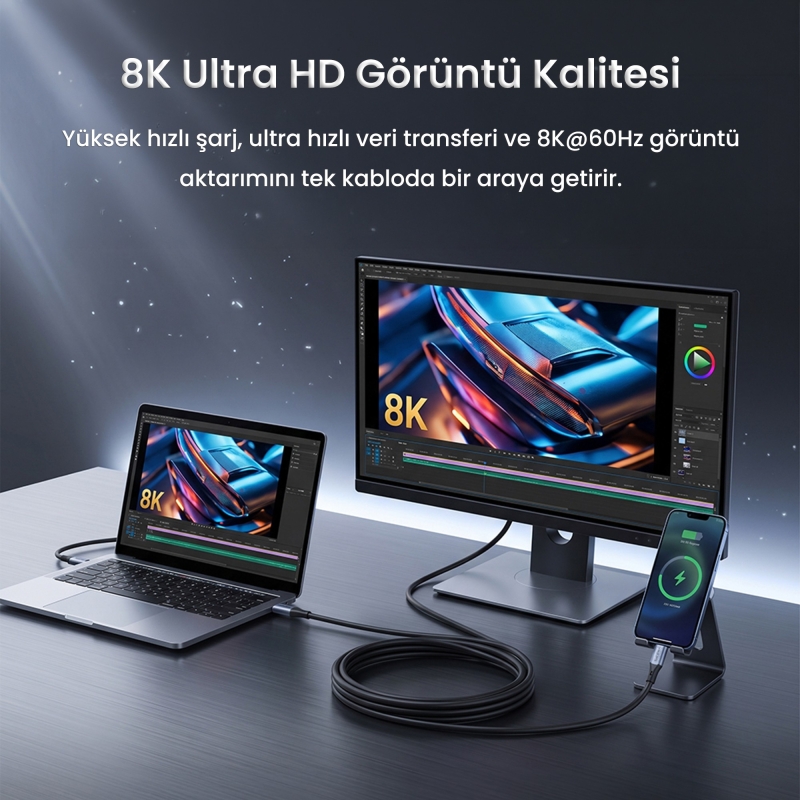 VegGieg 100W 5A USB3.2 Gen 2 20 Gbps 8K 60Hz Type-C Görüntü Şarj ve Data Kablosu 3 Metre - 3