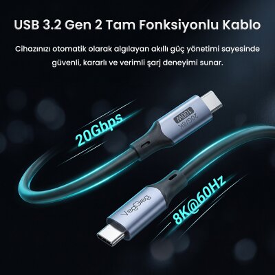 VegGieg 100W 5A USB3.2 Gen 2 20 Gbps 8K 60Hz Type-C Görüntü Şarj ve Data Kablosu 3 Metre - 5