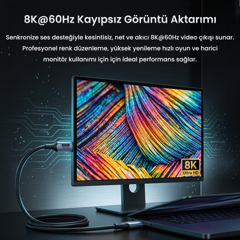 VegGieg 100W 5A USB3.2 Gen 2 20 Gbps 8K 60Hz Type-C Görüntü Şarj ve Data Kablosu 3 Metre - 7