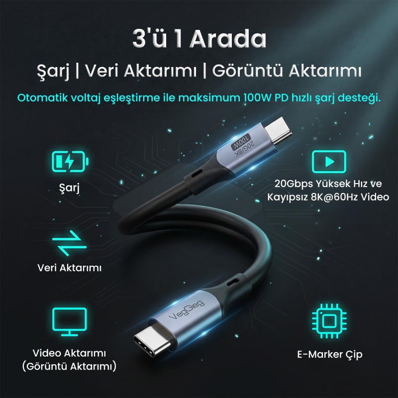 VegGieg 100W 5A USB3.2 Gen 2 20 Gbps 8K 60Hz Type-C Görüntü Şarj ve Data Kablosu 5 Metre - 2