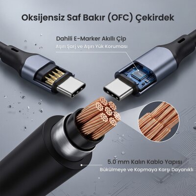 VegGieg 100W 5A USB3.2 Gen 2 20 Gbps 8K 60Hz Type-C Görüntü Şarj ve Data Kablosu 5 Metre - 4