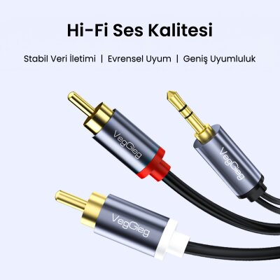 VegGieg 3.5mm Aux To 2 RCA Hi-Fi Ses Kablosu 3 Metre - 2
