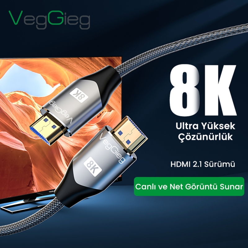 VegGieg 8K 60Hz 4K 120Hz 48 Gbps HDR ARC HDCP Örgülü HDMI 2.1 Kablo 5 Metre - 2