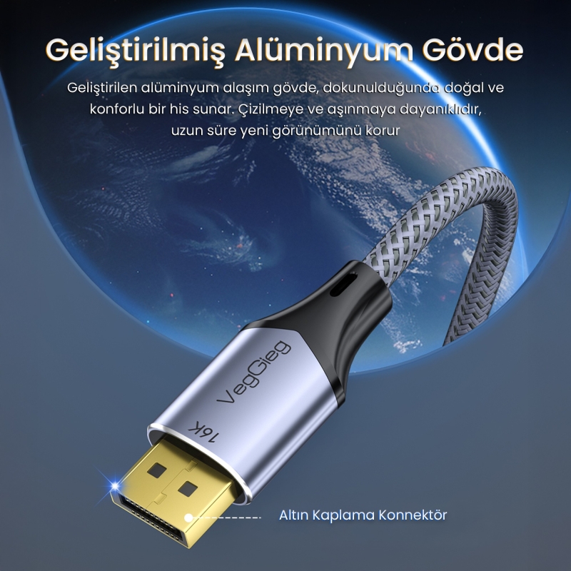 VegGieg Displayport 16K 60Hz 8K 240Hz 4K 240Hz 80 Gbps HDR ARC Örgülü DP 2.1 Kablo 2 Metre - 2